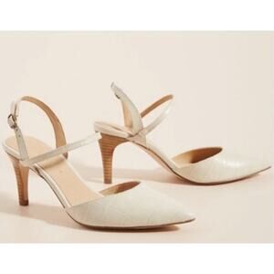 Anthropologie Lucille Croc Slingback Pumps Ivory Kitten Heel Size 7